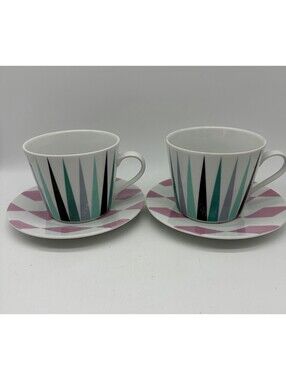 IKEA Brakig 12 oz Porcelain Mugs Set 2 Navy Gray Teal Triangles W Pink Saucers